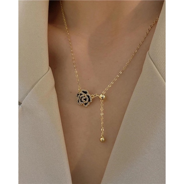 Ark.co - BLACK ROSE necklace &amp; ring kalung cincin bunga mawar hitam elegan minimalis