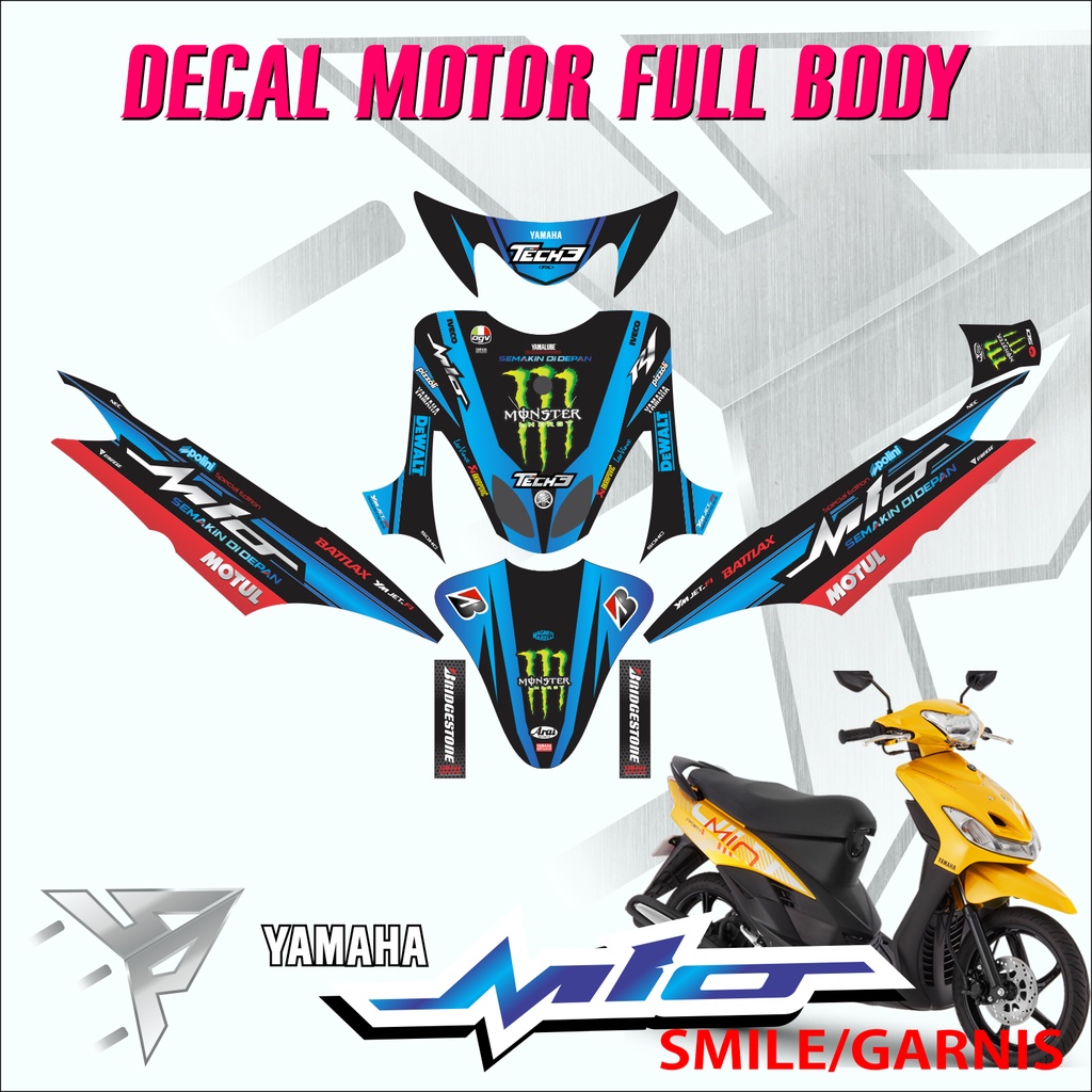 DECAL STCKER FULL BODY YAMAHA MIO SMILE & MIO SPORTY MONSTER TECH 3 BIRU