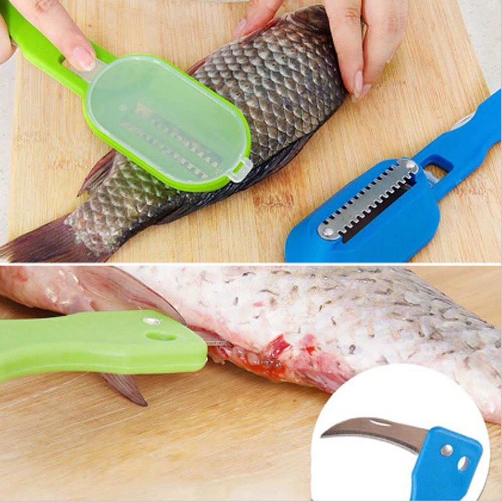 Serbagrosirmurah Stainless Steel Penyisik Ikan Ujung Pisau / 2in1 Alat Pembersih Sisik Ikan + Pisau READY BIRU serbaguna tajam travelling lengkap praktis sisik ikan