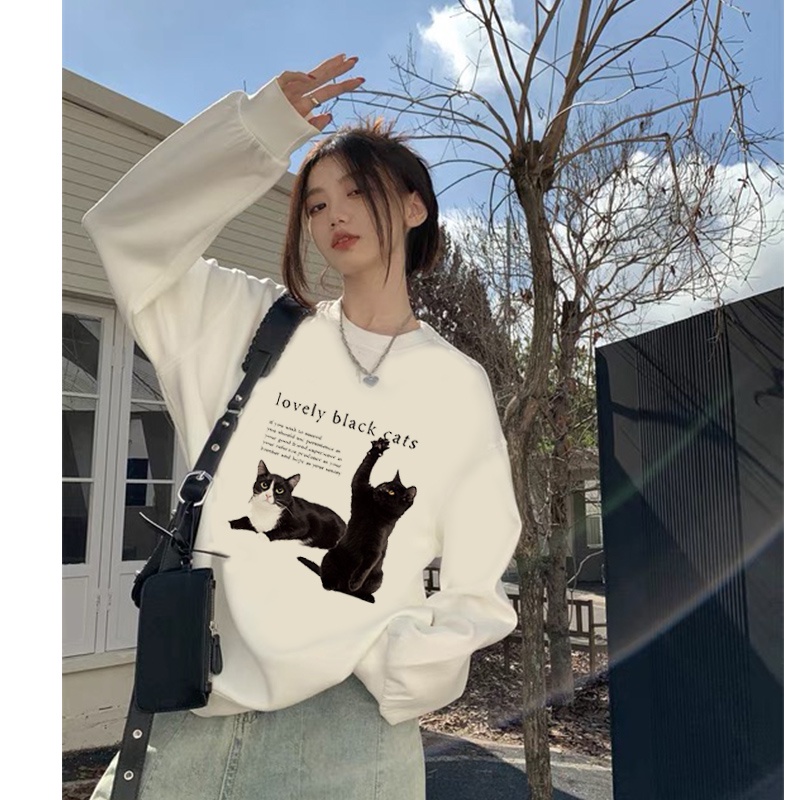 sweater tebal wanita oversize korean style lengan panjang switer hitam wanita letter cat graphic printing sweater kekinian