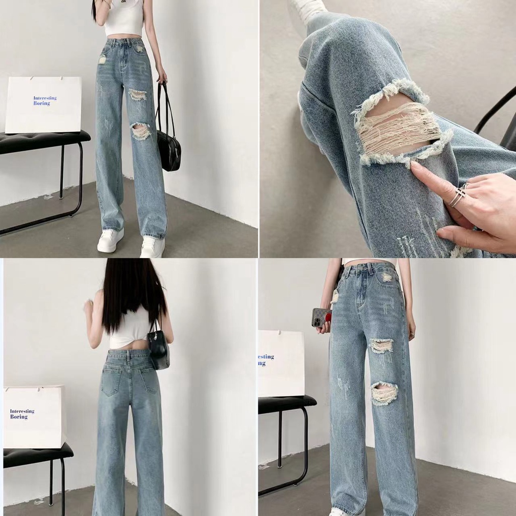 Highwaist Kulot Jeans Wanita Loose celana kulot jeans sobek dewasa celana panjang jeans ripped denim ootd