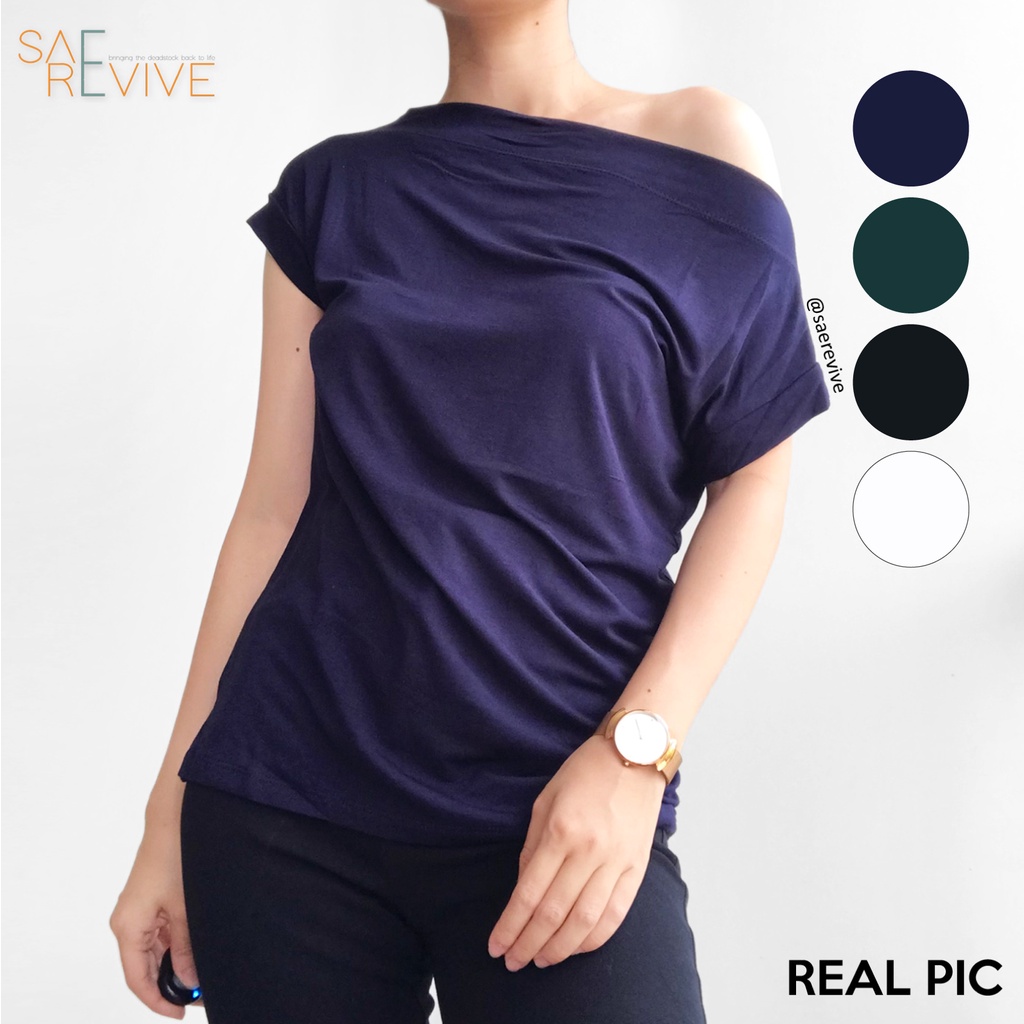 SAE REVIVE - Baru Dgn Tag (XS-S) Alaia Top Atasan Kaos Spandeks One Shoulder Slim Fit Navy Hitam Hij