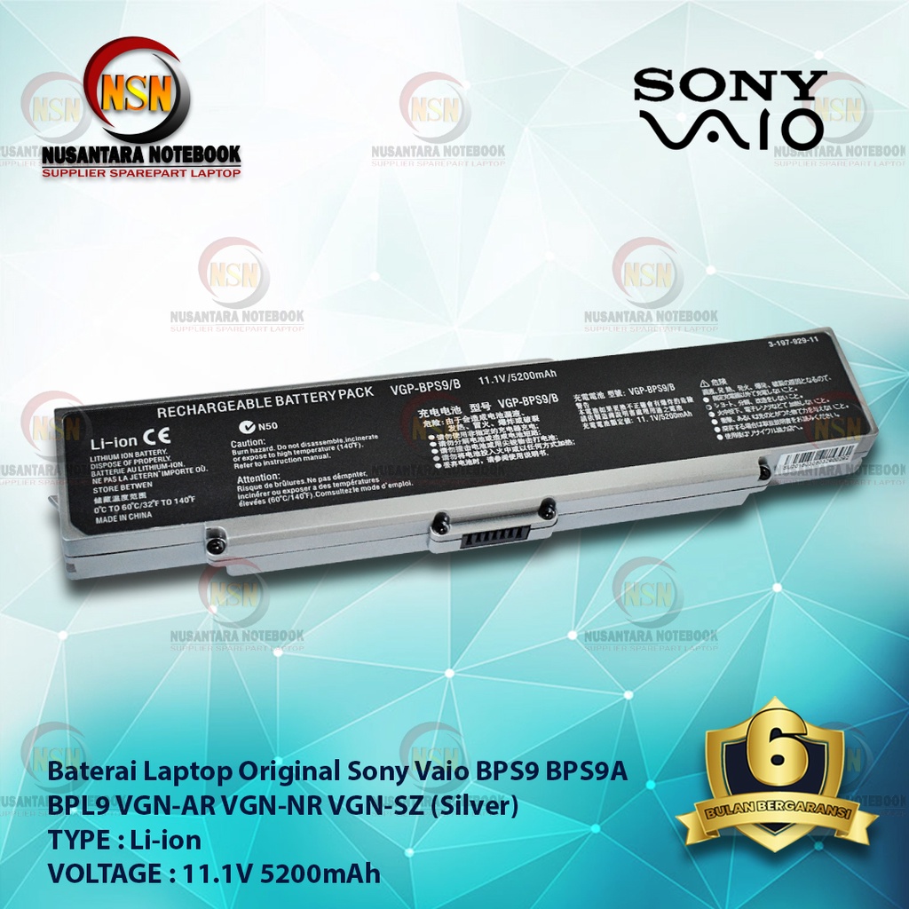 Baterai Laptop Original Sony Vaio BPS9 BPS9A BPL9 VGN-AR VGN-NR VGN-SZ Silver