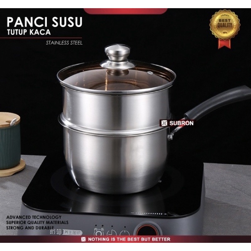 PROMO - Panci Susu Tingkat 2susun Dengan Steamer Bahan Tebel - Panci Kukus Gagang Panjang - Milk Pot Steamer Dengan Tutup Kaca Stainless Stell