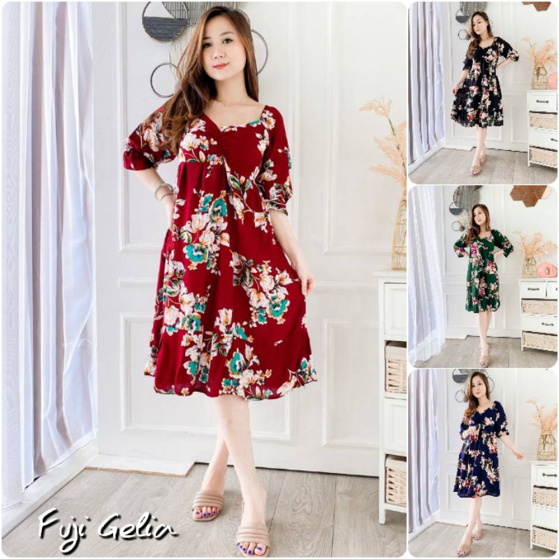 Dress Fuji Pendek Leopard/ Galica/ Berry/ French/ Gelia Daster Putri Bali