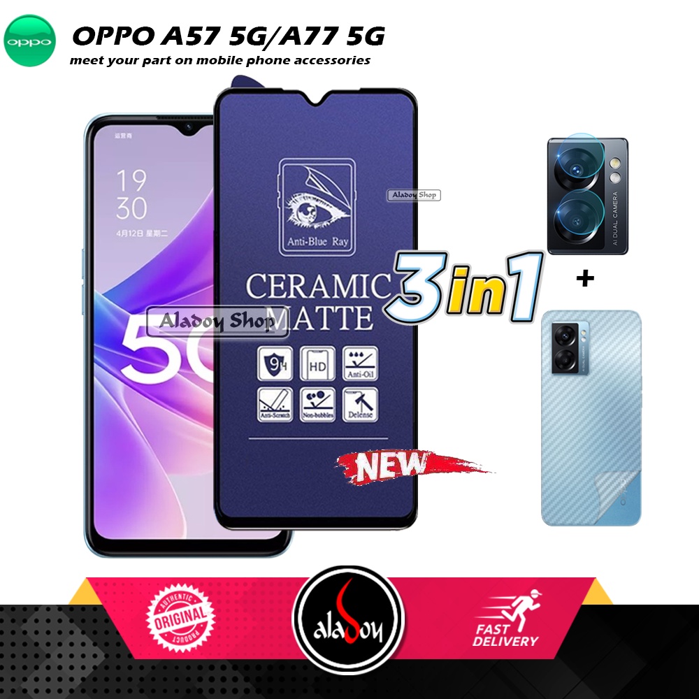 PAKET 3IN1 Anti Gores Blue Matte Anti Glare Oppo A57 5G/A77 5G + Tempered Glass Camera dan Skin Carbon