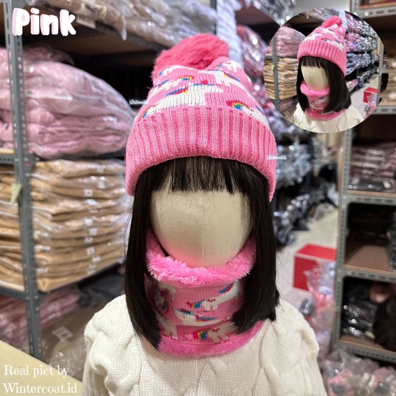 Kids beanie set winter topi syal hangat anak bayi Baby hat neck warmer import musim dingin cowok cewek unicorn