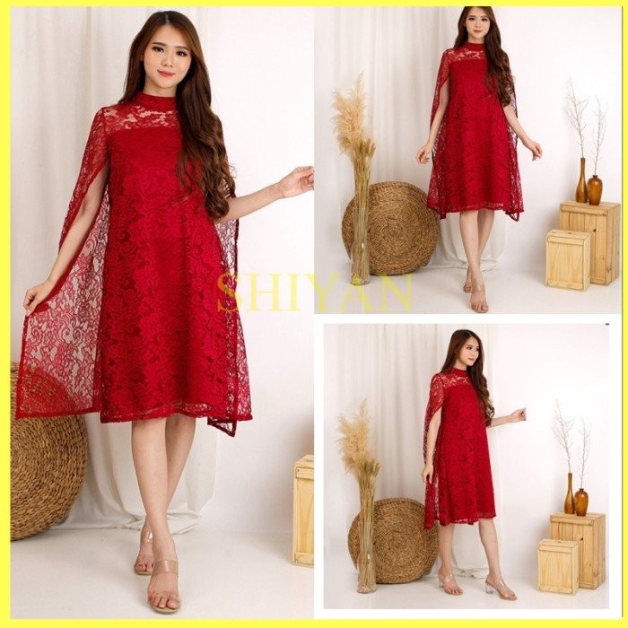 DRESS PESTA BAJU BRUKAT WANITA JUMBO LD 115 BATWING BROKAT BIG SIZE