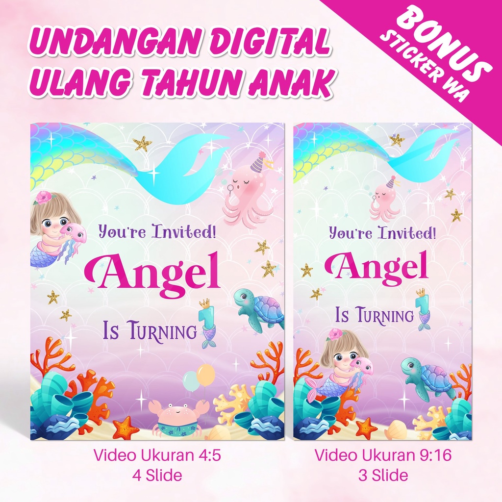 Jual Undangan Digital Ulang Tahun Anak MERMAID - Video Undangan Ultah