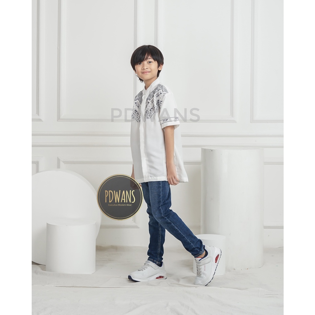 Baju Koko Poli Katun Anak Remaja Tanggung Lengan Pendek Putih Kemeja Koko Muslim Bordir PDWANS - RKPDK03TGG