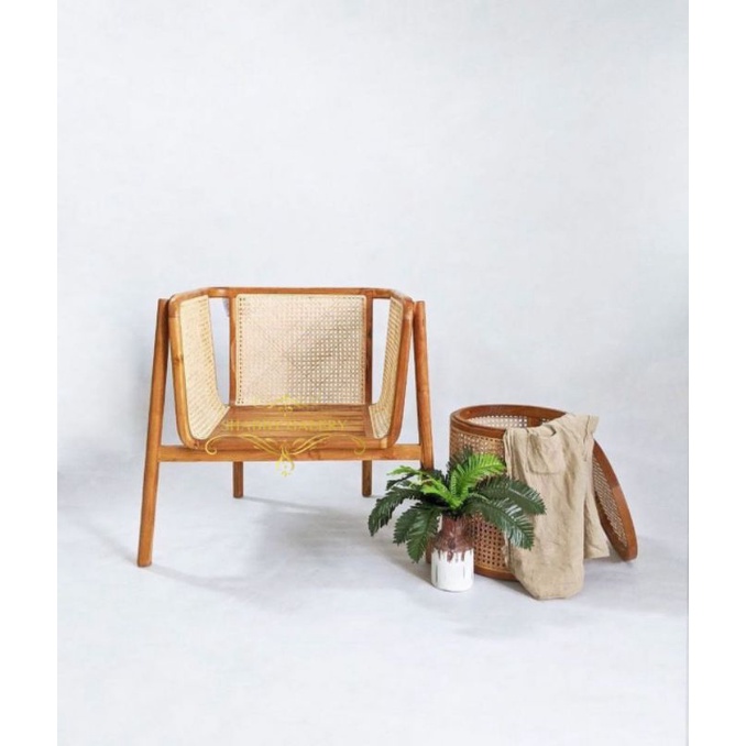 Kursi Tamu Rotan Scandinavian Minimalis Kayu Jati, Kursi Santai Rotan Kayu Jati Jepara