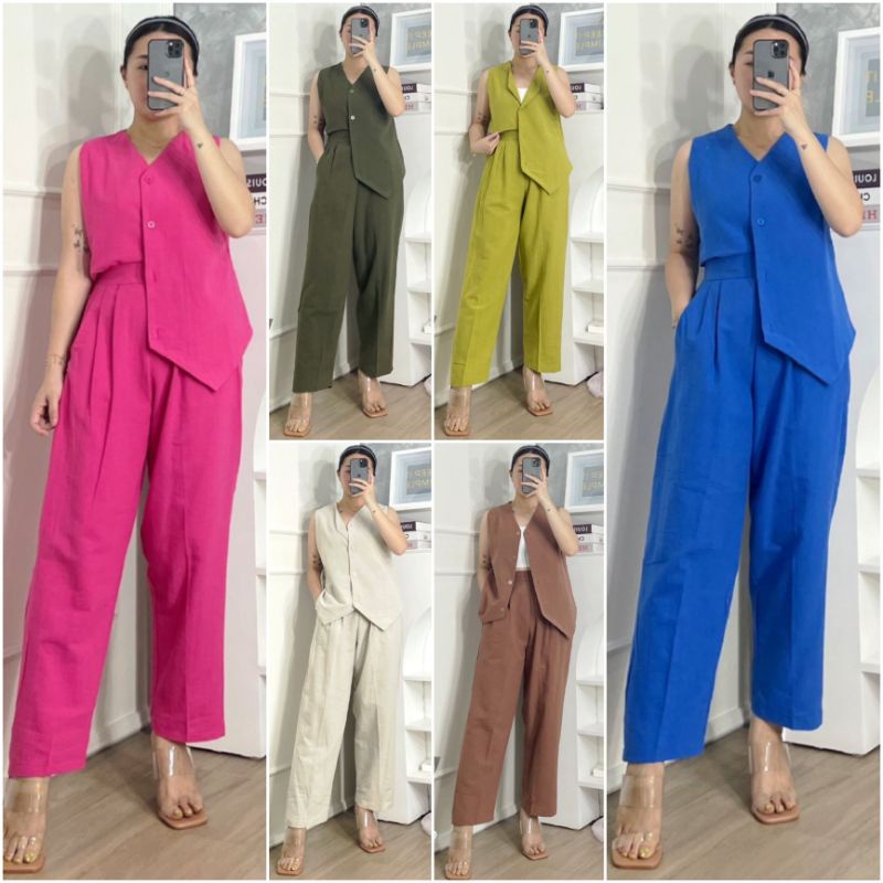 ♡ PREMIUM ♡ ORIGINAL ! REISA 2 IN 1 SET BUTTON VEST OUTER WITH LONG PANTS / SETELAN ROMPI &amp; CELANA PANJANG ( HIJAB FRIENDLY )