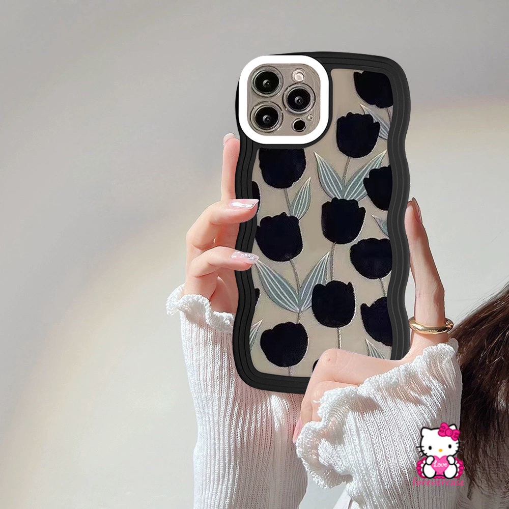 Case Compatible For iPhone 6 6s 8 7 Plus 11 12 14 13 Pro Max XR 14Plus X XS Max SE 2020 Transparent Retro Flower Tulips Wavy Edge Soft TPU Cover