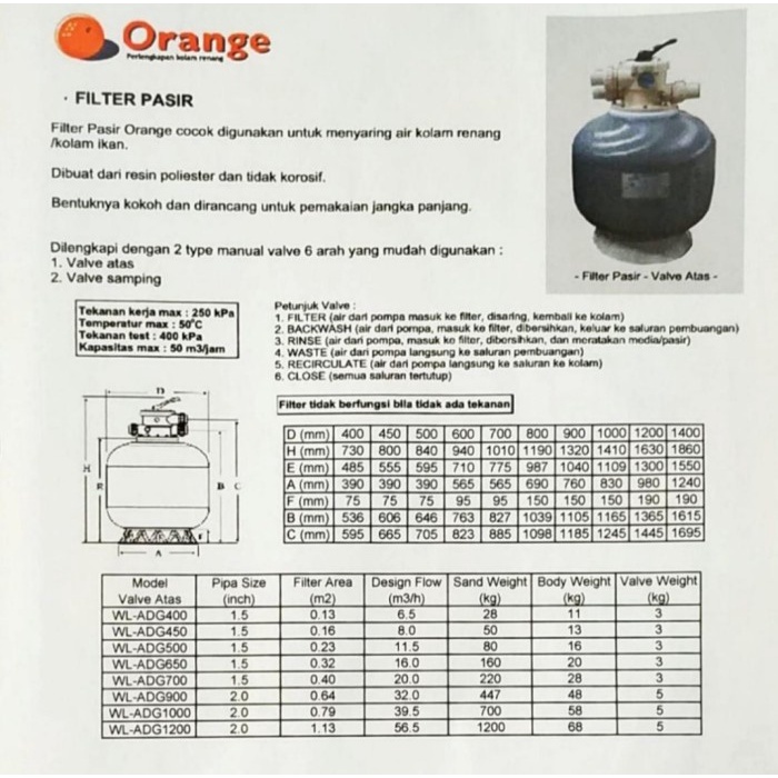 Sand Filter Kolam Renang 28" Orange Adg 700 Tabung Filter Kolam Renang