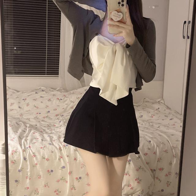 Suhao One-Piece Suit Pure Desire Pendek Kardigan Tabir Surya + Pita Selempang Di Dalam + Pinggang Tinggi Rok A-Line Musim Panas