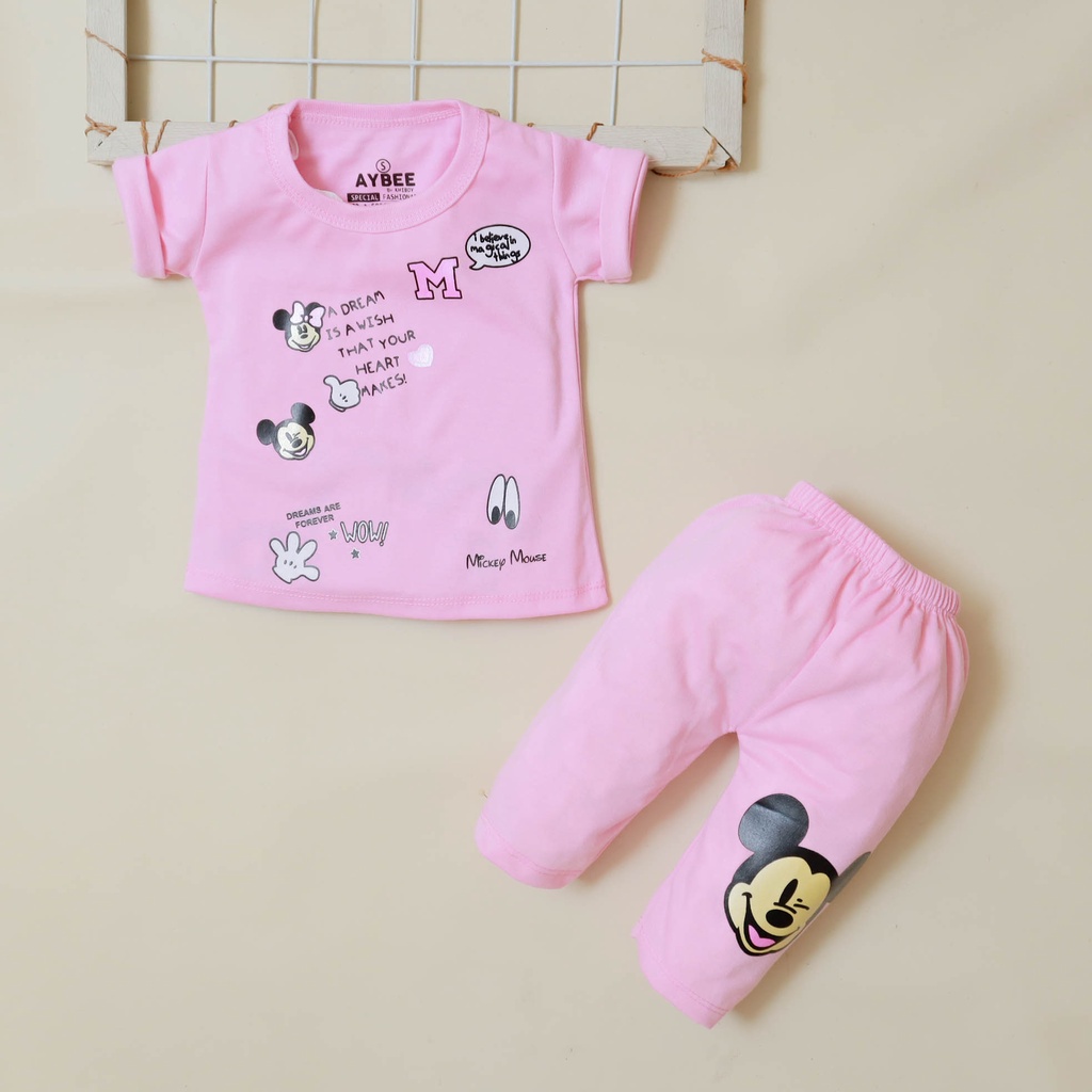 Setelan Baju Celana Anak Perempuan usia 3-12 bulan Aybee Motif Mickey Dream