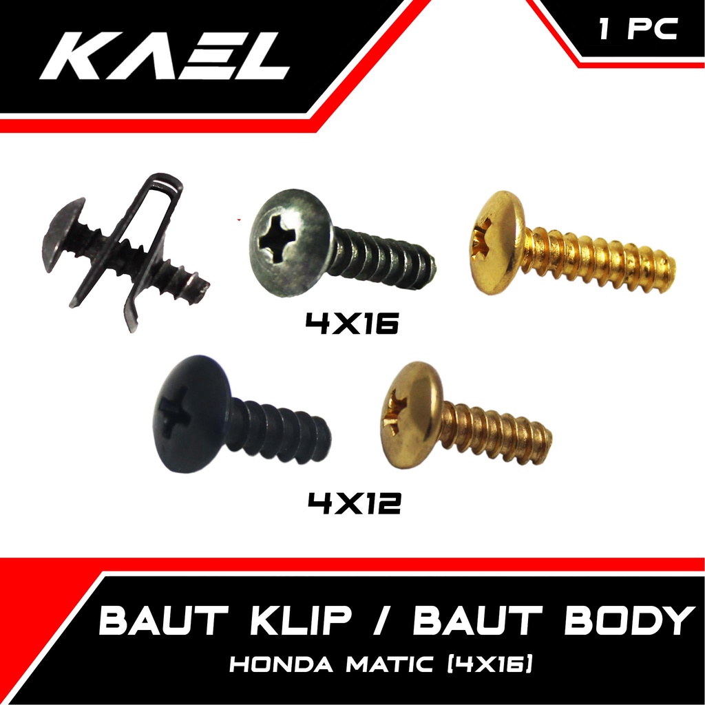 Baut Klip Body Honda Matic Beat-FI-Pop-Street-eSP/Vario 110-125-150-160 LED New/Scoopy-Old Karbu/Spacy Lama-F1/PCX Baud Bodi Batok 4x16 M4x16 Cacing-Drat Kasar Emas-Gold-Hitam Skrup