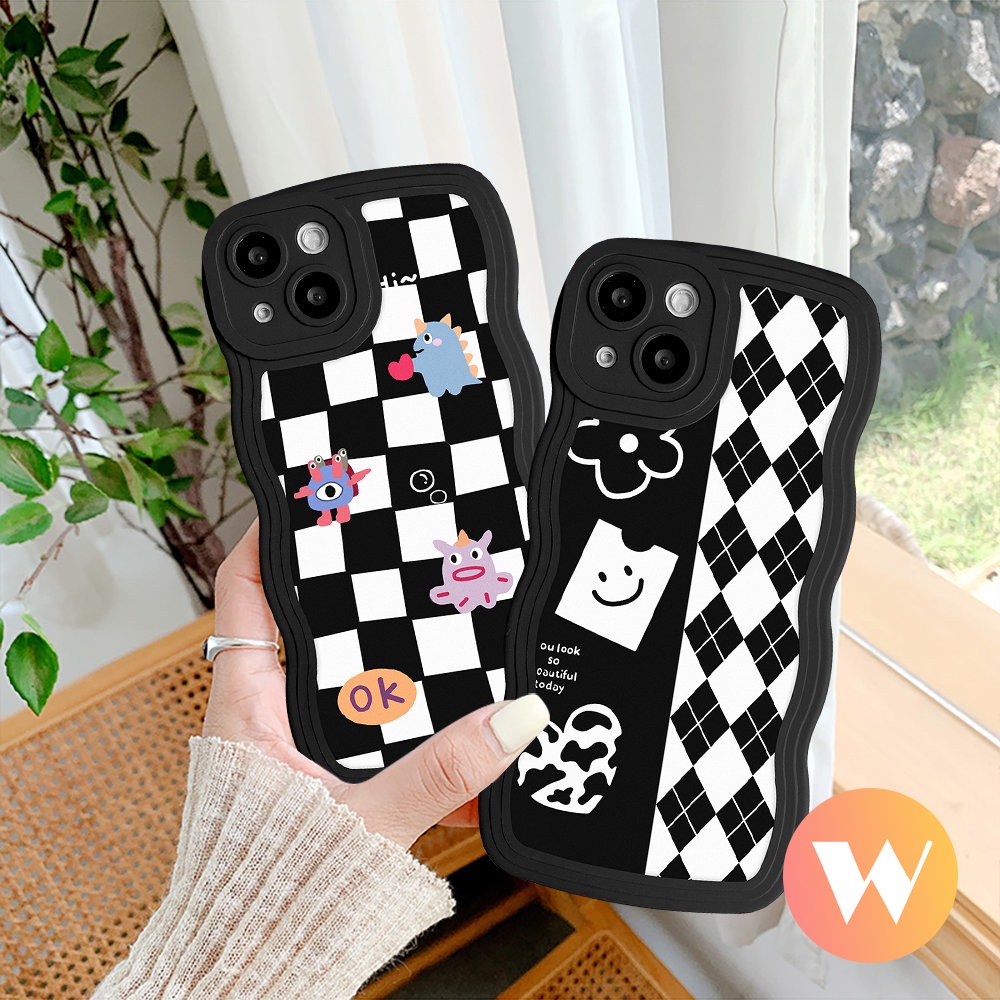 Casing OPPO A17 A95 A78 A54 A96 A16 A55 A53 A76 A15 A5 A9 A77 A17K A74 A5s A57 A16s A3s A12 A7 A1k A77s A52 Reno 8T 7Z 6 8 7 Wavy Edge Soft Diamond Chessboard Monster Lucu Sarung