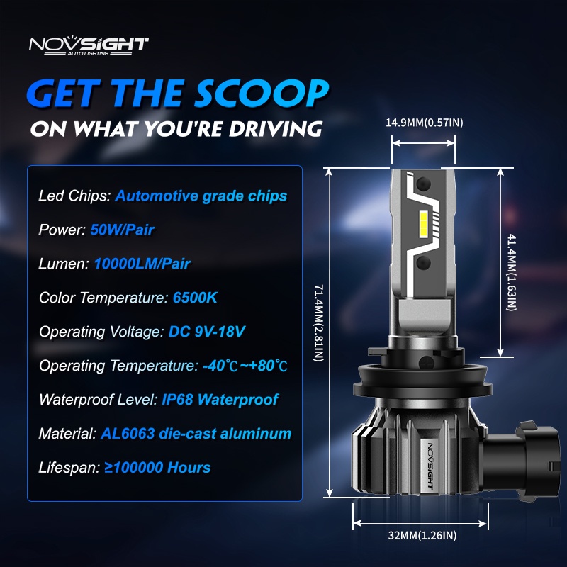 NOVSIGHT N57 Car Headlight Bulb H4 H119005 HB3 50W 10000LM Lampu 6500K Lampu Kabut Putih