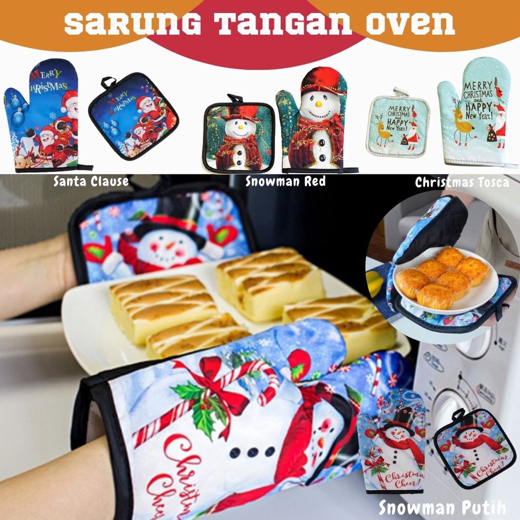 Sarung Tangan Oven Anti Panas Pelindung Tangan Motif Chrimas Natal Santa Snowman Dapur