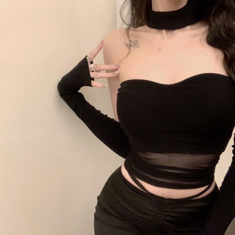 ❐❐◙Suhao mesh tube top rompi kecil wanita musim panas lengan anti-cahaya hitam hot girl sexy outer wear inner bottoming shirt top