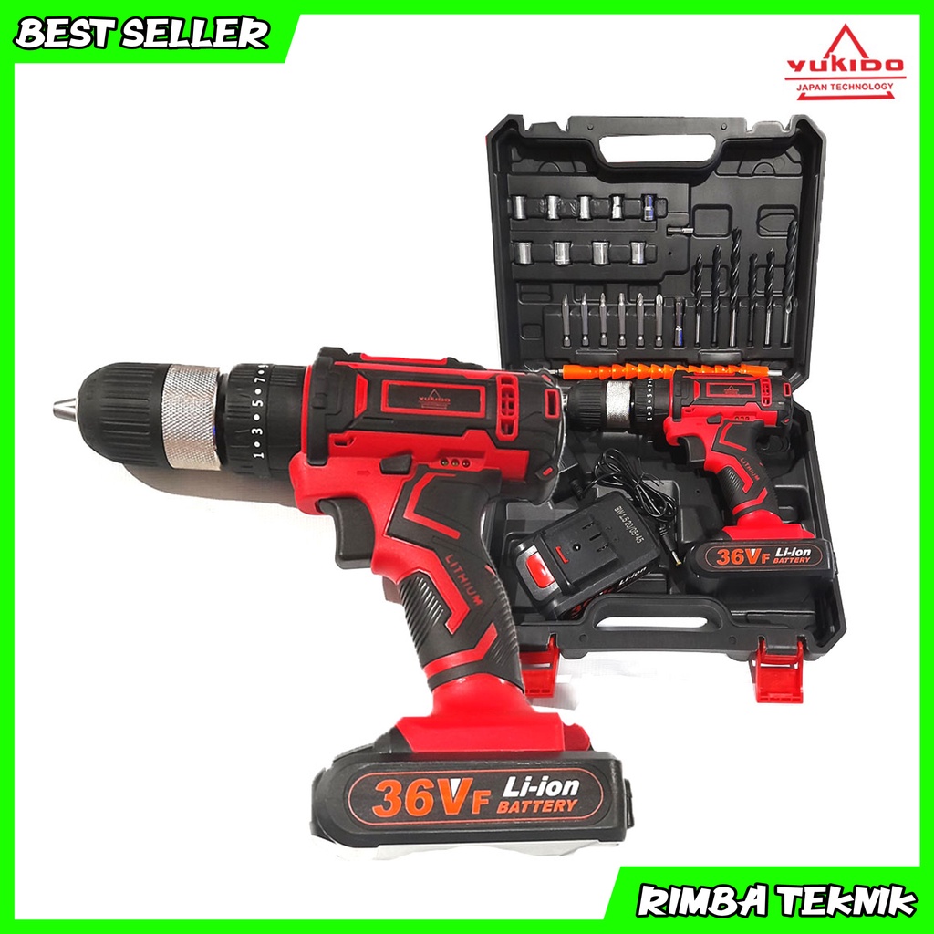 BISA COD Bor Cordless Drill 36V YUKIDO Mesin Bor Obeng Cordless Impact Drill 2 Batre Full Aksesoris SIap Pakai AB-36FW