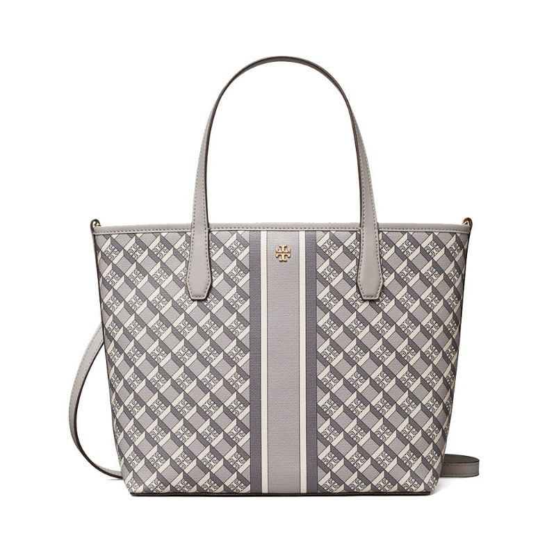 TB Geo Logo Mini Zip Tote Gray Stripe