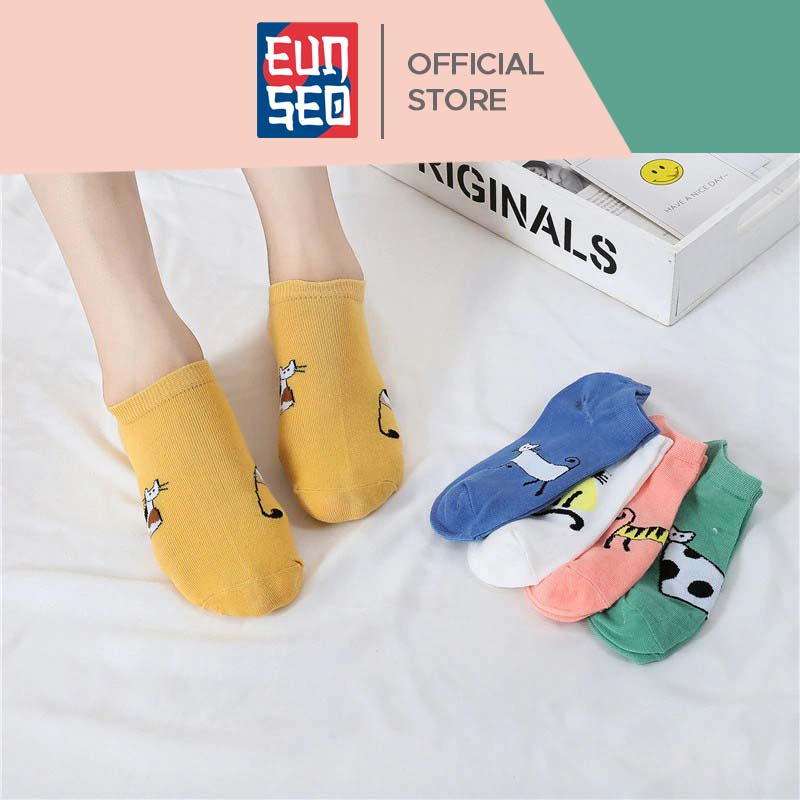 EUNSEO Kaos Kaki Wanita Pendek Motif Funny Cat Lucu Fashion Korea KaosKaki Wanita Pendek Premium