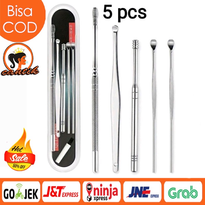 HC ALAT PEMBERSIH KOTORAN TELINGA KOREK KUPING STAINLESS EAR CLEANER KOTORAN SET ISI 5 ANTI KARAT WAX BESI