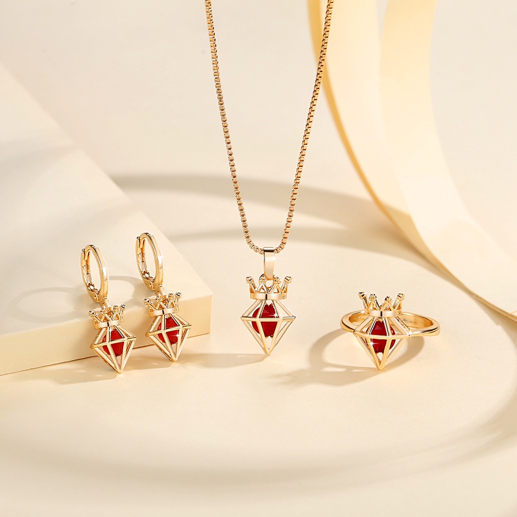 Y903 【Barang spot】Set Perhiasan Wanita Titanium Anti Karat Emas 18k Anting Cincin Kalung Berlian Permata Aksesoris Wanita Murah