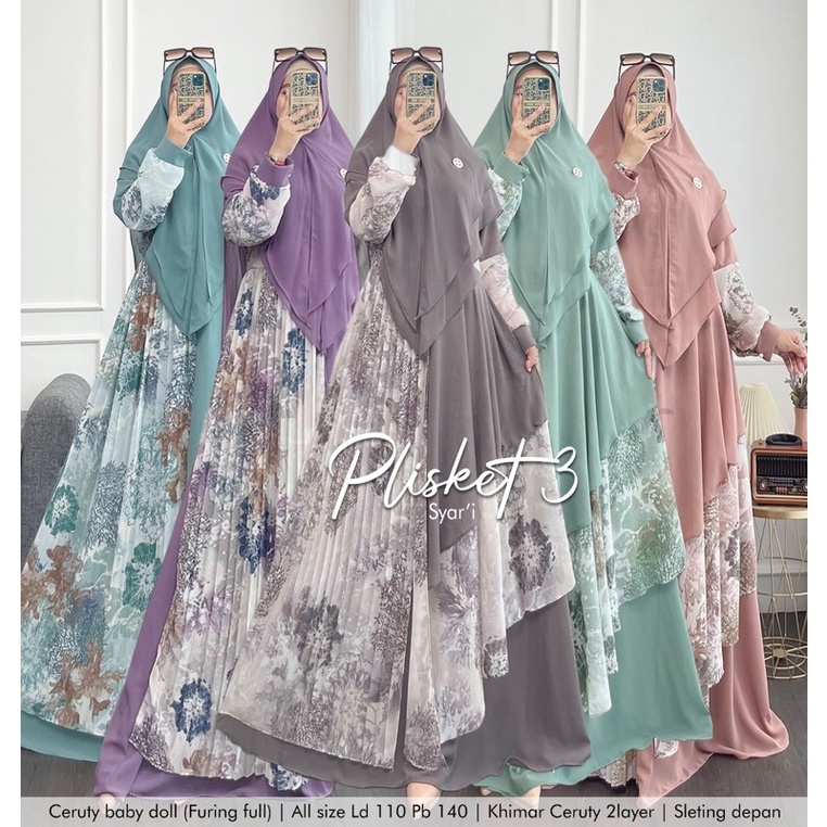 Humaira99 Gamis syari Plisket Jumbo bahan ceruty babydoll motif model terbaru set khimar syari marwa