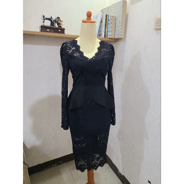 Black Lace Dress brokat brukat mermaid span scuba hitam lengan panjang wanita