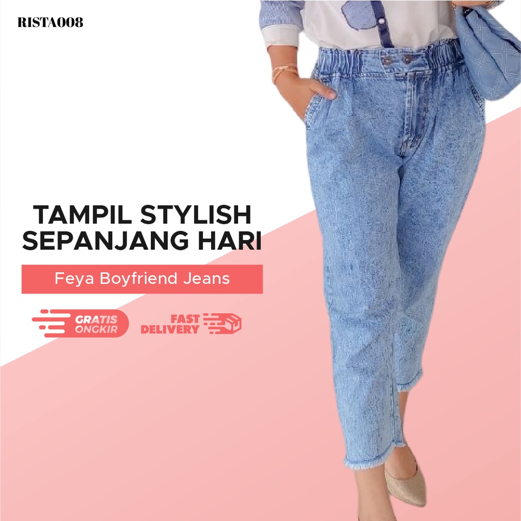 Feya Boyfriend Jeans Highwaist Pants Celana Panjang Denim Outfit Remaja Ootd Kekinian