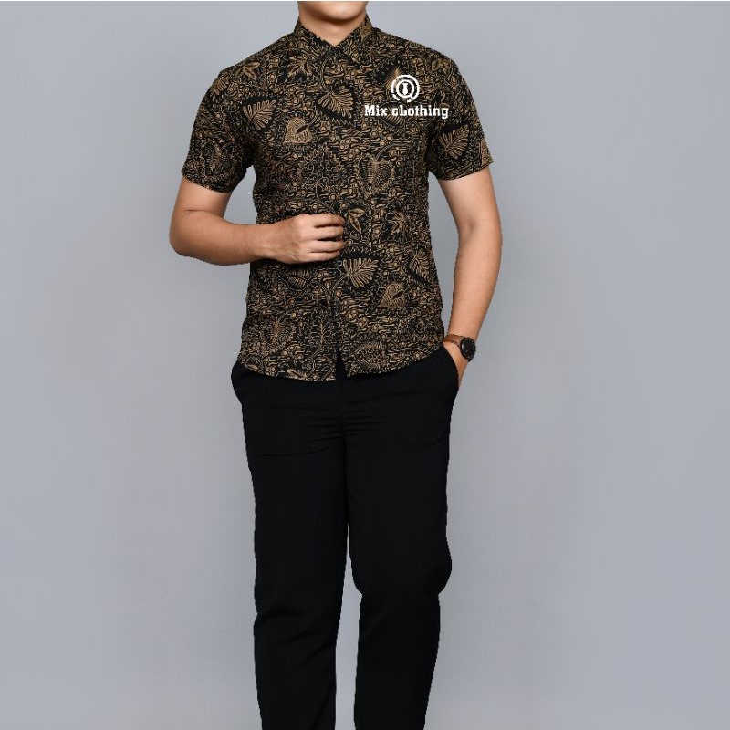 New Premium Baju Kemeja Batik Pria Slimfit Lengan Pendek 1834 Coklat