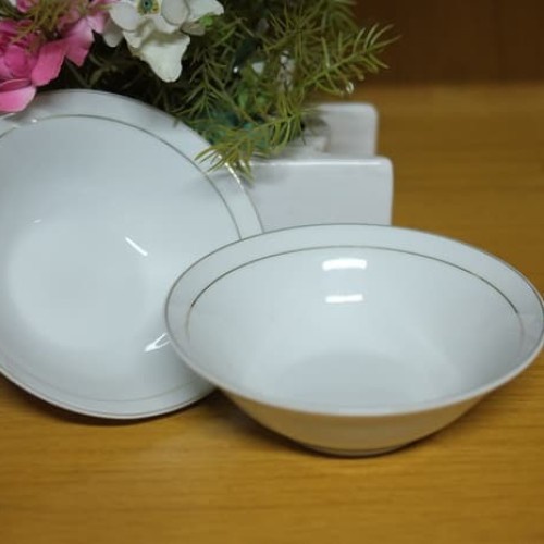 Mangkok Makan Keramik Polos List Emas 7 inch