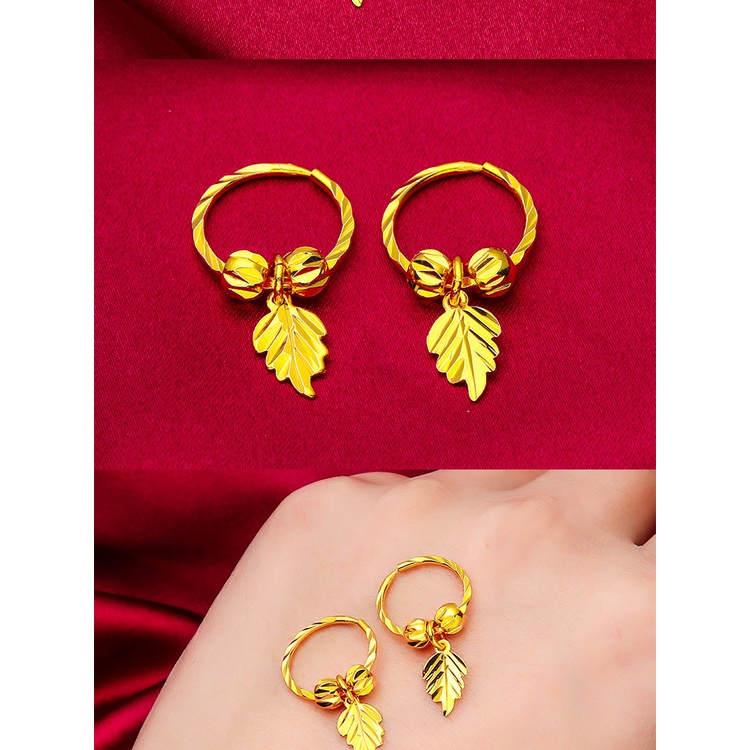 Goldkingdom Perhiasan Fashion Emas Asli Kadar 375 Bangkok Aksesoris Ready Stock Wanita Sederhana Berlapis Emas Daun Maple Gold Beads Pendant Earring