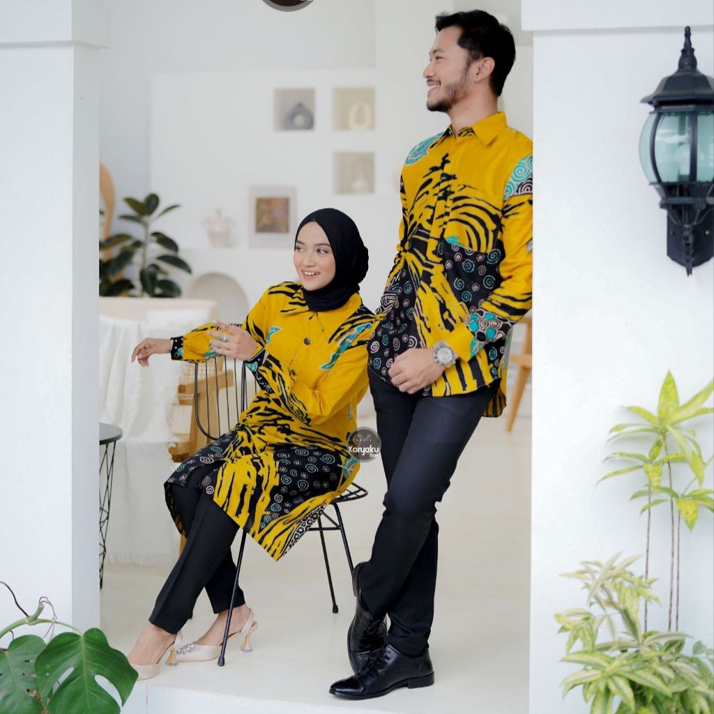 BATIK COUPLE MODERN MOTIF APRILIA KUNING KEMEJA &amp; TUNIK KANCING DEPAN BATIK ATASAN BATIK WANITA BATIK PRIA
