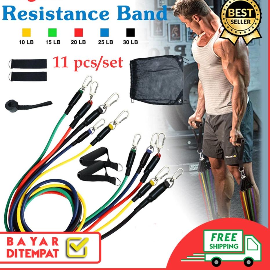 Kirim Terpercaya Set Resistance Band Latex Fitness isi 11pcs /  Set Full Karet Lateks Elastis Fitnes Yoga Gym