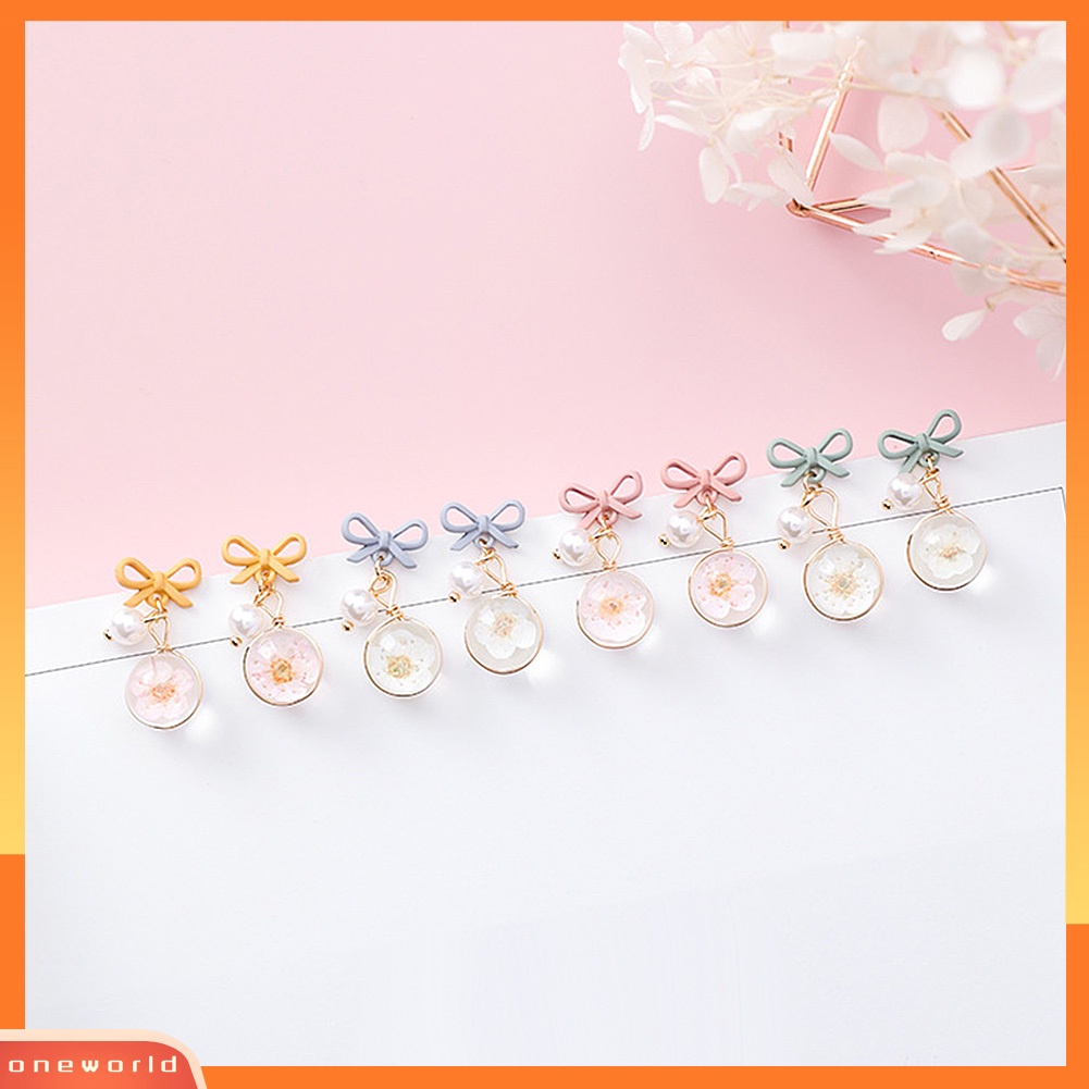 [WONE] Women Bow Cherry Blossom Flower Bola Kaca Menjuntai Ear Drop Earrings Perhiasan Hadiah