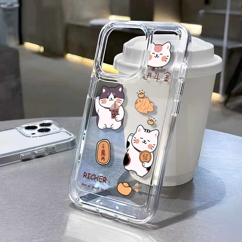 IPHONE Fortune Cat Soft Phone Case Kompatibel Untuk Iphone14 13 12 11 Pro XS Max Casing Transparan X XR 78 Plus Cover TPU Shockproof