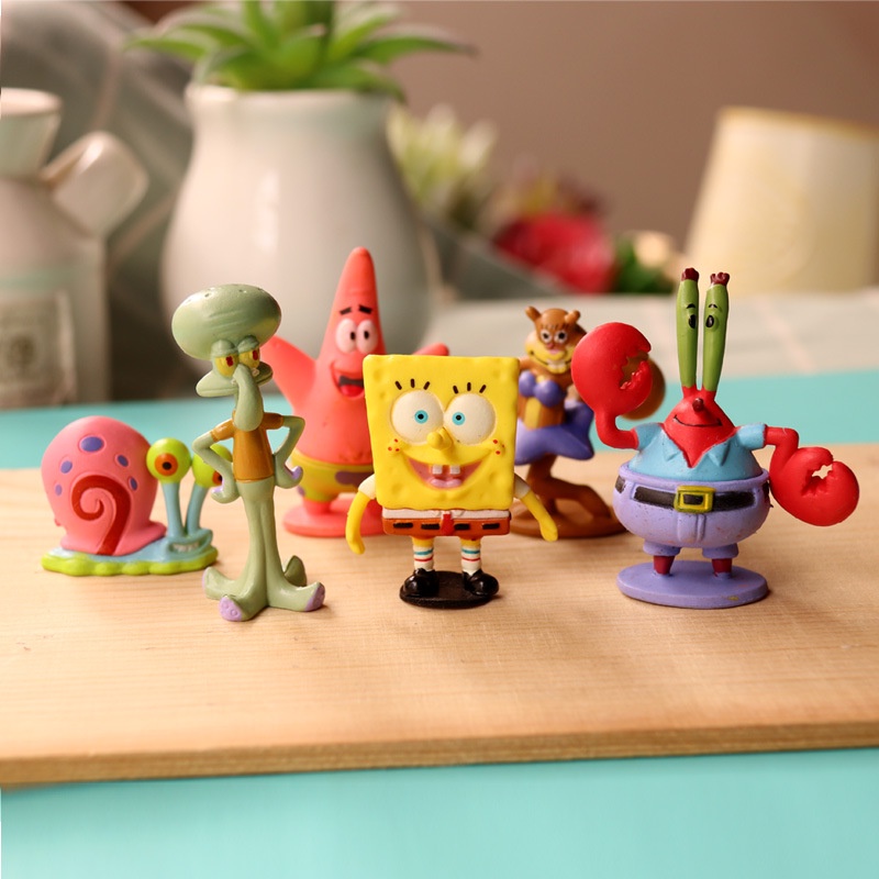 Kawaii Spongebob Kartun Figure Gantungan Kunci Boneka Pie Bintang Kepiting Bos Siput Figure Model Koleksi Mainan Pvc 8pcs/set