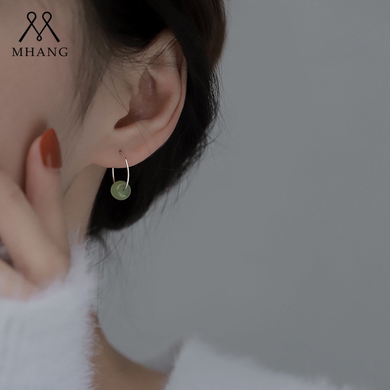 Anting Korea Vintage Hotian Jade Earrings S925 Silver Anting Lingkaran Jarum Untuk Wanita