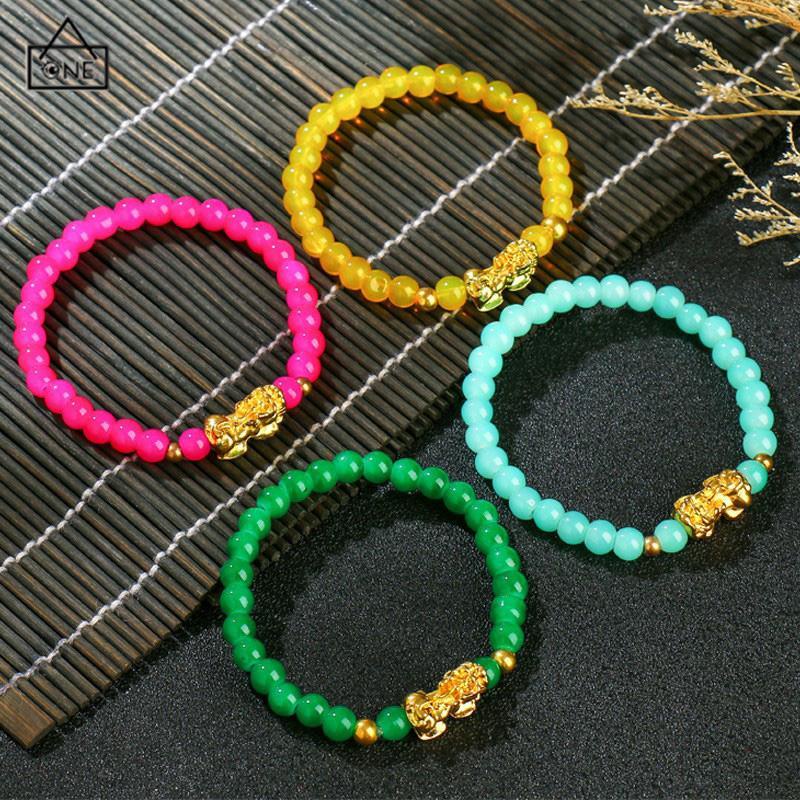 COD❤️Gelang Batu Akik Manik-manik Lucky Pixiu Gelang Indah Memakai Tali Elastis Tahan Banting Manik-manik Kristal Berwarna-warni -A.one