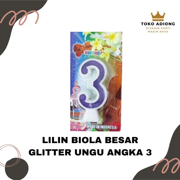 LILIN BIOLA BESAR GLITTER UNGU ANGKA 3 - BIRTHDAY CANDLE