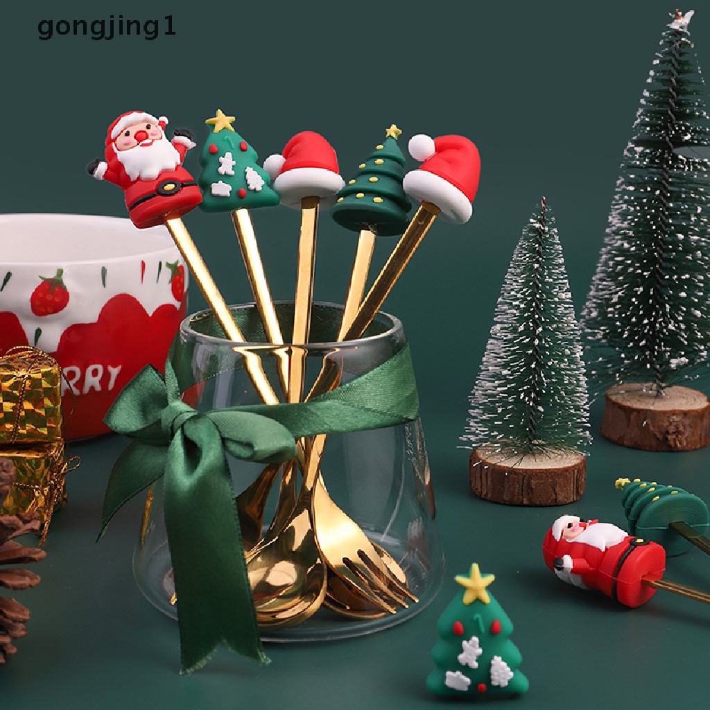 Ggg 4PCS/6PCS Christmas Gift Cutlery Sendok Garpu Set Elk Dekorasi Pohon Natal Dessert Spoon Fruit Fork Sendok Kopi Cutlery Gift ID