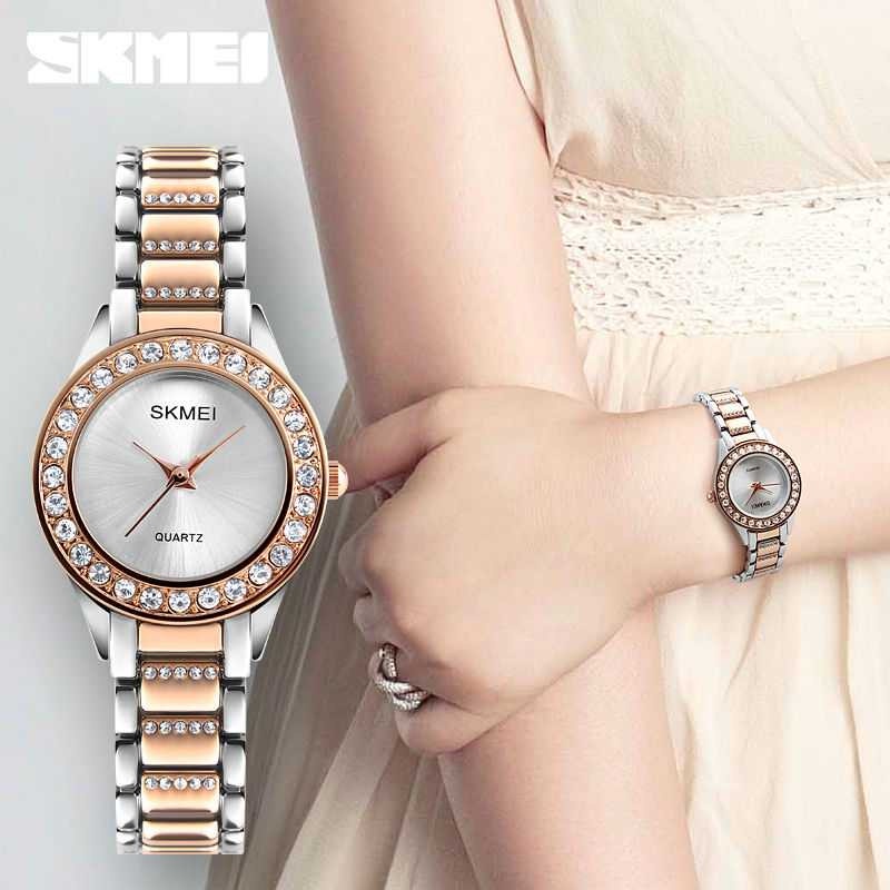 SKMEI Jam Tangan Wanita Dewasa Rhinestone Analog Anti Air Tali Rantai Rante Stainless Bulat Kecil