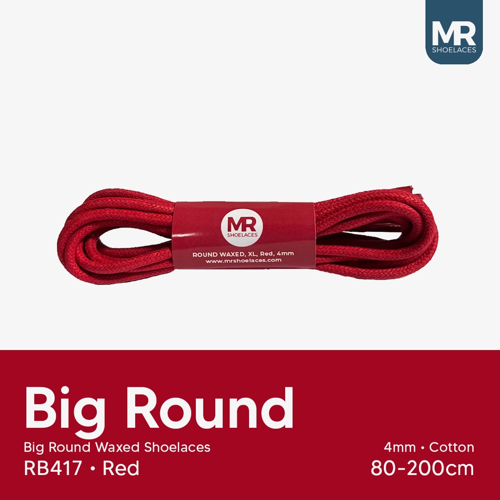 MR Shoelaces RB417 Red (Merah) Tali Sepatu Lilin Katun Bulat Round 4mm 70cm 80cm 90cm 100cm 120cm 150cm 180cm 200cm untuk Boots - Premium Shoelace