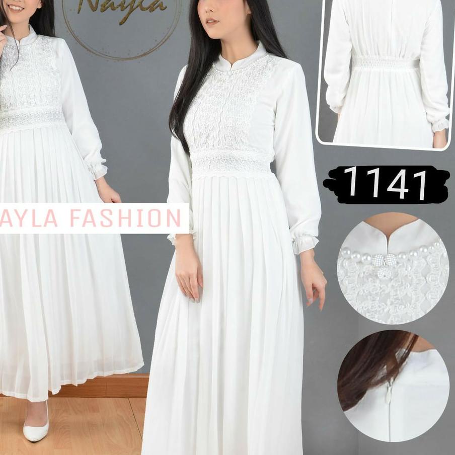 limited Edition✔️NAYLA Baju Gamis Putih Wanita Gamis Plisket Gamis Pesta Busana Muslim Brukat Lebara