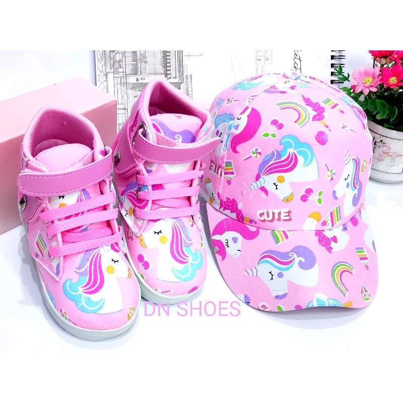 Paket Sepatu Anak Perempuan Paket Sepatu Boots Topi Anak Paket Boot Anak Perempuan Topi Pet Anak Perempuan Murah Lucu Karakter Unicorn Pink Cute