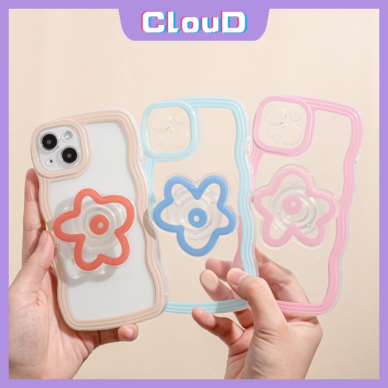 Realme C33 C30 C25Y C25 C35 C15 C20 C11 C21Y C20A C17 8 5 10 9i 5i 9 C3 8Pro 7 C12 C25s 6i 7i 9Pro+8i Macaron Color Wavy Edge Soft Tpu Clear Cover Dengan Dudukan Airbag Stand Bunga